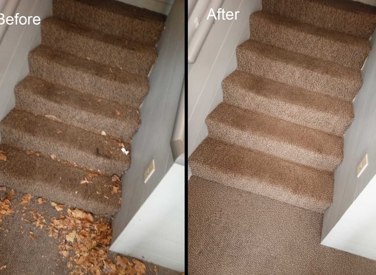 Before and after comparison of professional commercial carpet cleaning on office stairs in Cumberlan