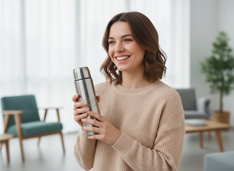 A portrait of a smiling young woman holding a silver thermos, set in a bright, modern interior environment.