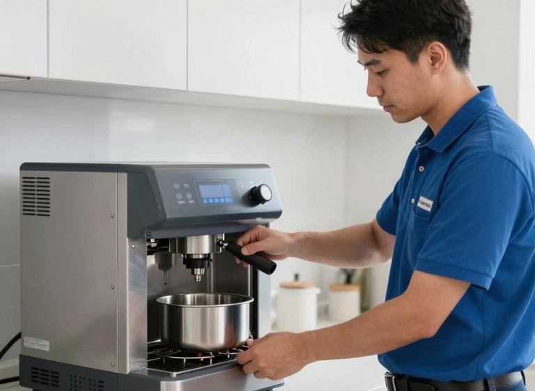 Technician repairing a commercial kitchen refrigerator with tools and parts.