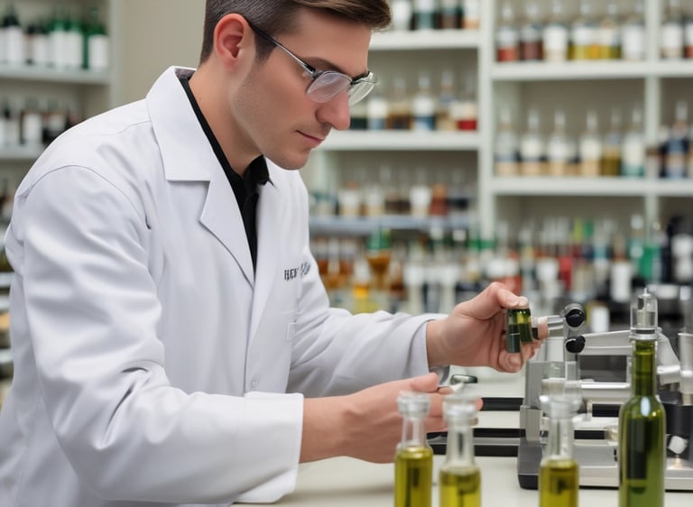 Laboratory technician analyzing olive oil samples with precision.