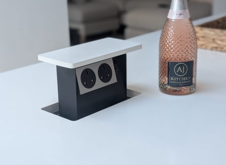 popup kitchen outlets, with pink champagne next to it