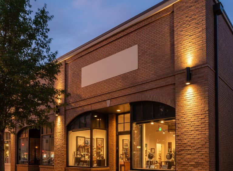 Exterior picture of a brick store front with an blank area for signage above the door