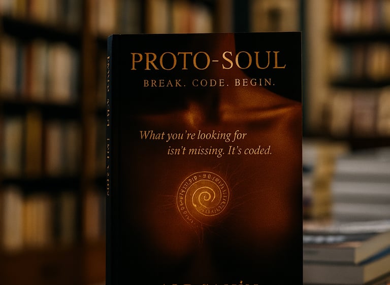 ProtoSoul book by Alp Şahin standing upright on a wooden table in a bookstore setting