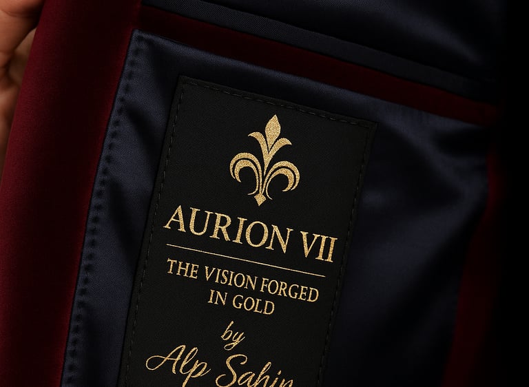 Aurion VII emblem inside a tailored jacket, representing the design identity of Aurionism.