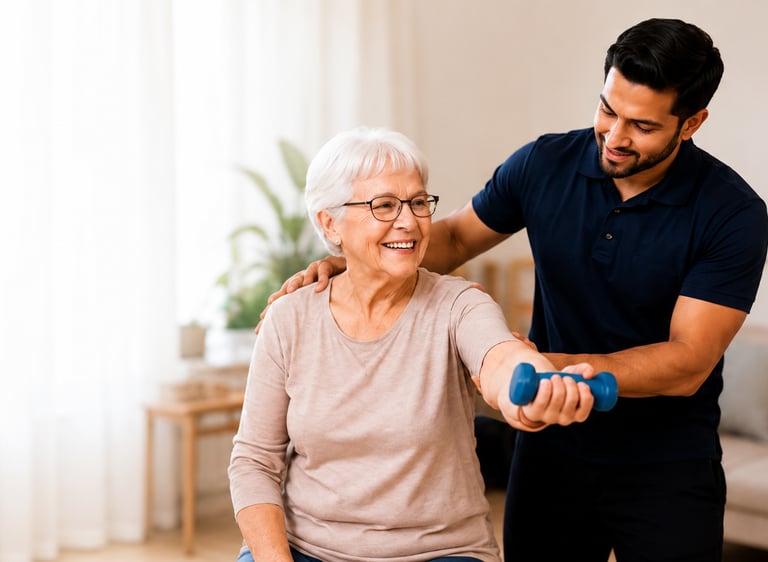 physio assisting elderly patient with exercise
