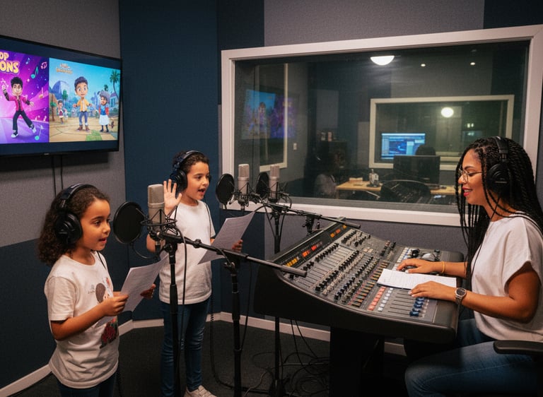 Two young girls recording voiceovers in a professional studio with a sound engineer and mixing console.