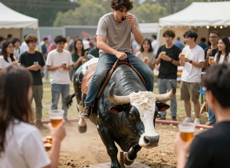 A lively party scene with guests enjoying karaoke and a mechanical bull under warm festive lighting.
