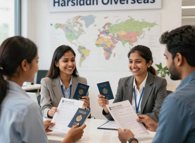 Consultants at Harsiddh Overseas assisting clients with study abroad visa applications and passports.