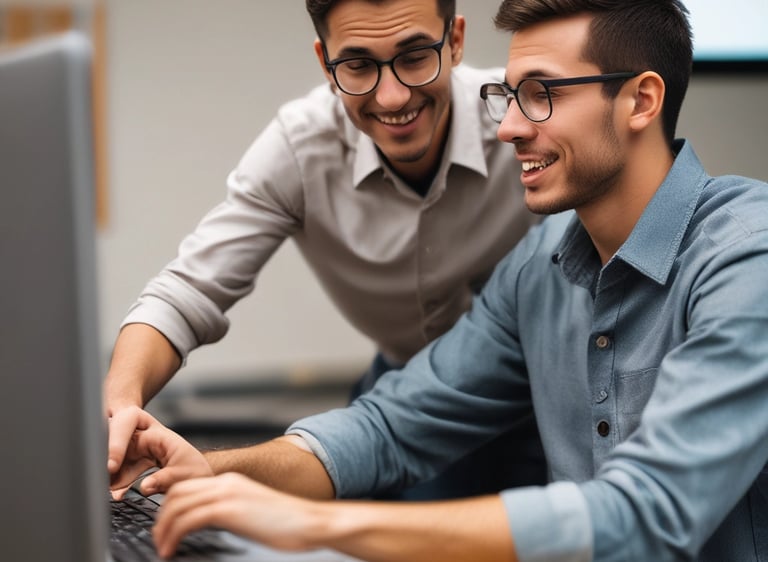 A group of Algerian researchers collaborating over laptops and notes in a bright workspace