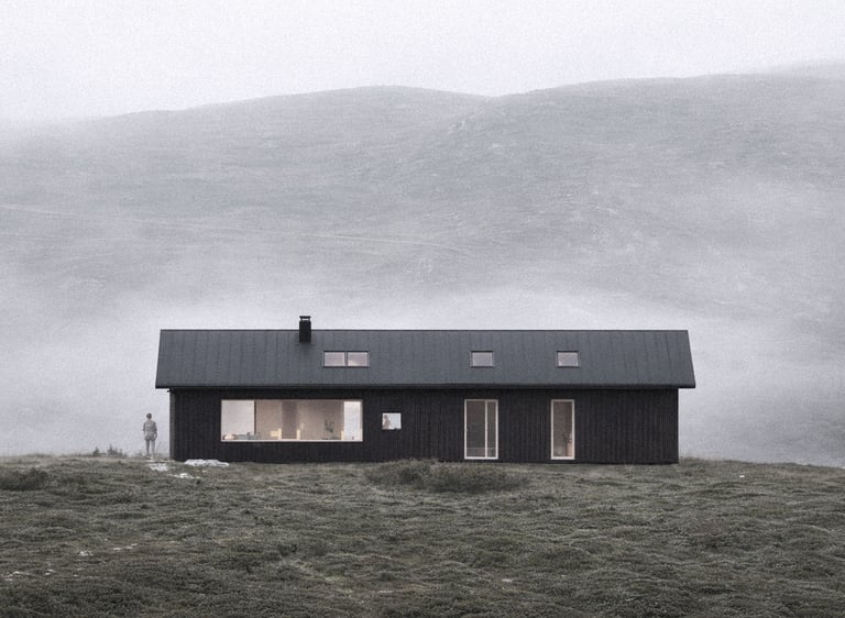 Visualisering av moderne trebolig designet av Trearkitekter AS