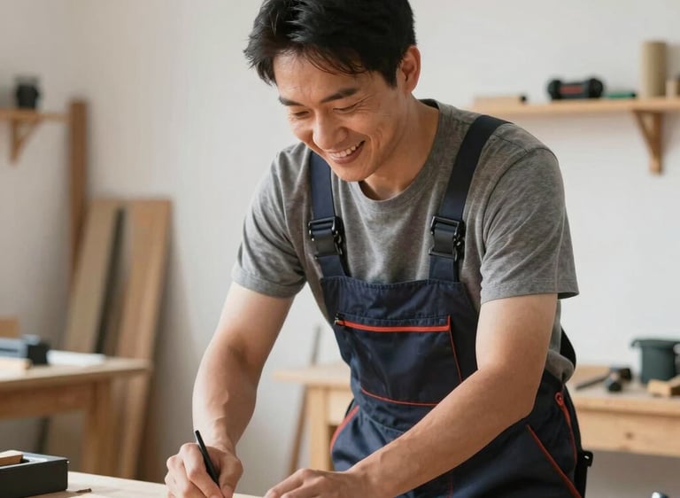 Smiling man in office leaning back with hands behind head, feeling productive at his desk.