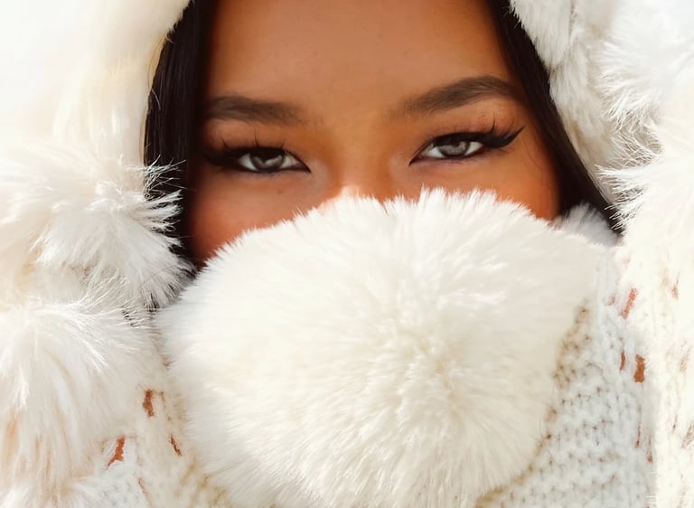 Womans eyes in a white fluffy coat