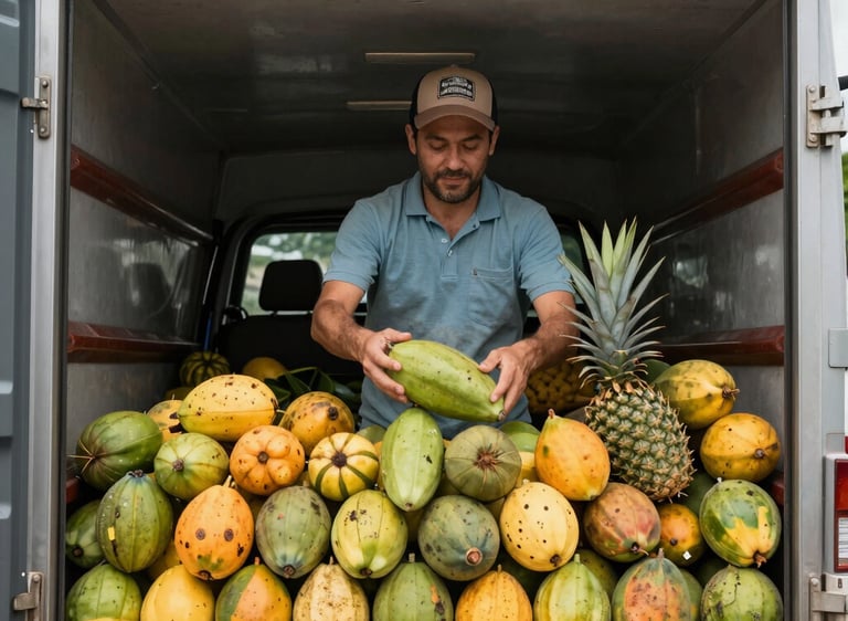 Delivery van loaded with colorful tropical fruit crates ready to go.