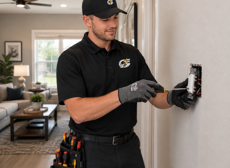 Professional electrician installing a new light switch on a living room wall using a screwdriver.