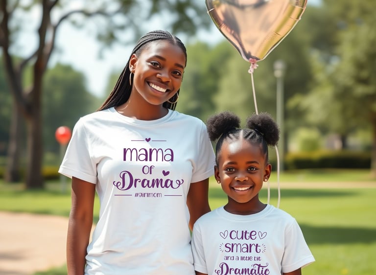 Mom & child in matching shirts. Moms says "Mama of Drama." Childs says "Cute smart & dramatic."