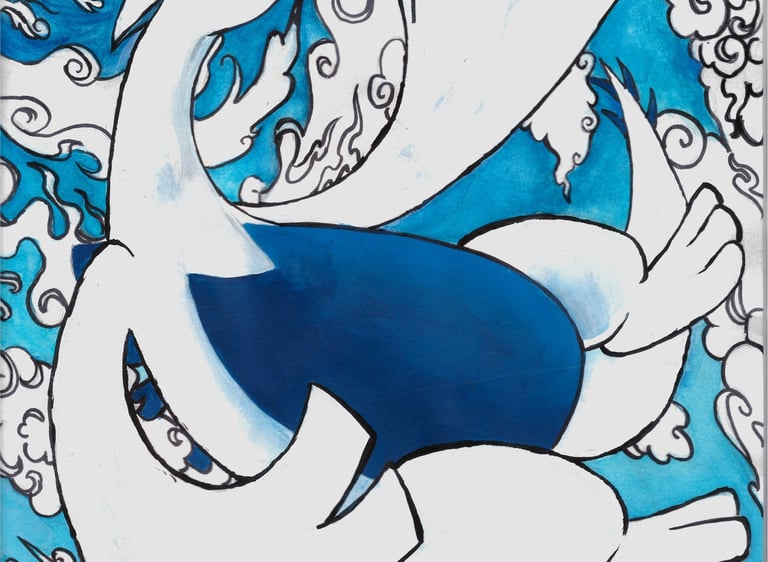 gouache painting of lugia, pokemon, second gen. 2nd gen. 