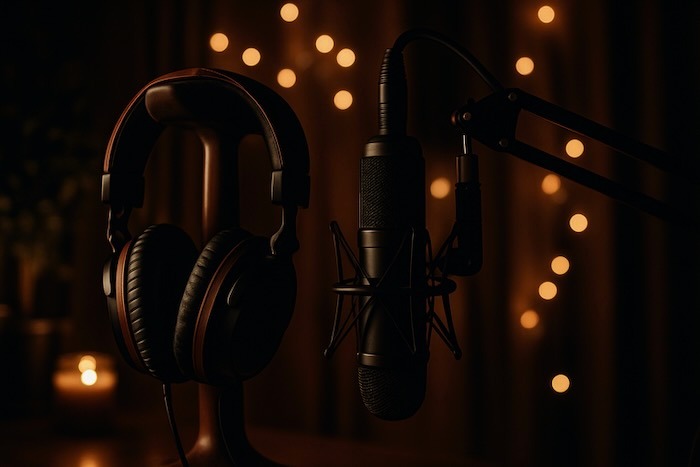 Studio microphone and headphones set against warm ambient lighting and soft bokeh, creating a moody recording atmosphere.