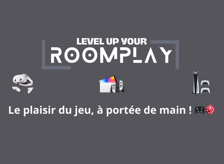 Gaming consoles including VR headset, Nintendo Switch, and PS5 with text Level Up Your Roomplay.