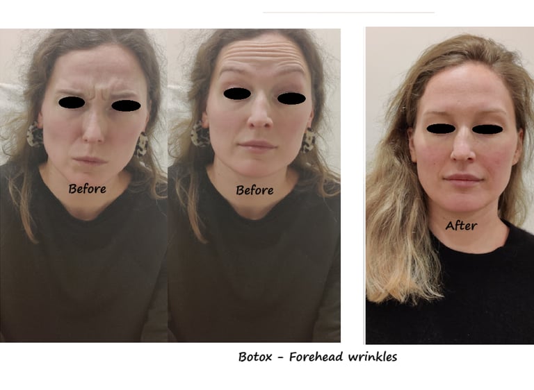 Botox treatment in the forehead and glabella – before and after photos showing reduced wrinkles.