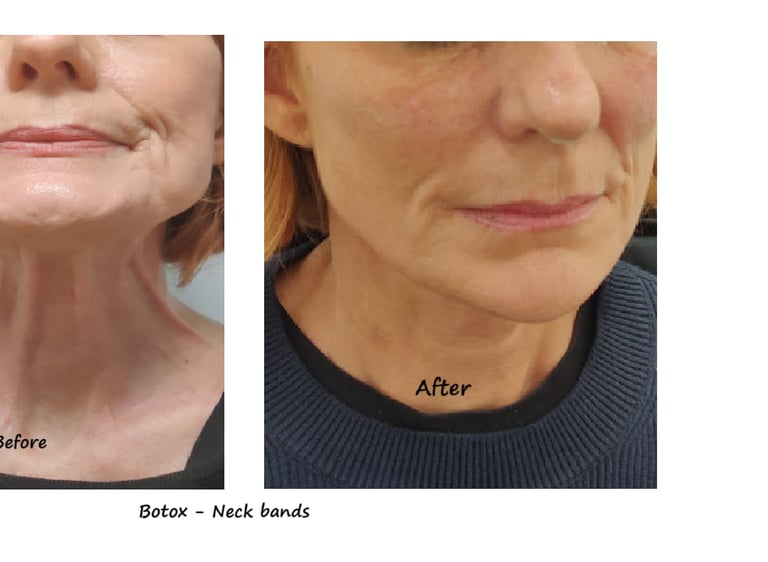 Before and after photos of Botox in the neck with reduced neck bands and a more youthful appearance.