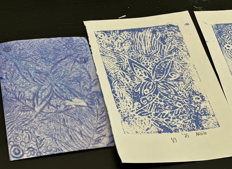 styrofoam block printing plate and print on paper laying on a table