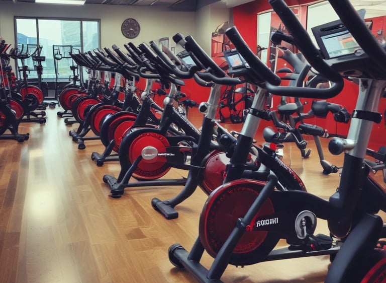 a gym with a row of stationary exercise bikes