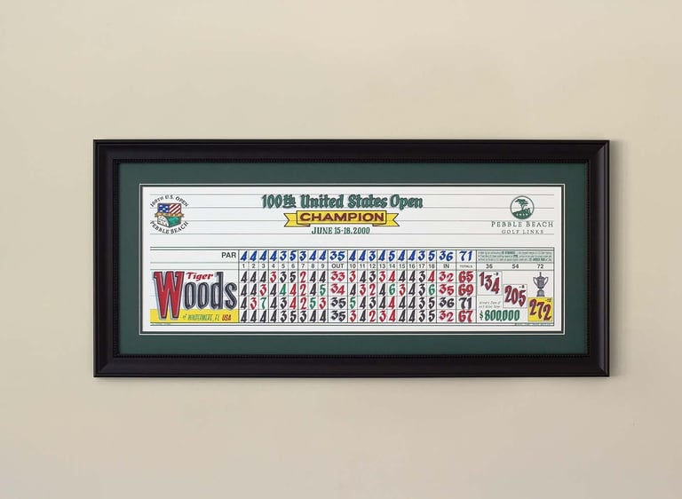 Casey Jones Golf's scorecard artwork featuring Tiger Woods' famous win at the 100th US Open at Pebble Beach.