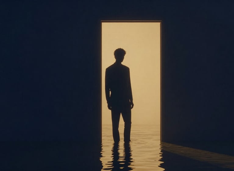 Silhouette at threshold between light and shadow representing conscious and unconscious self