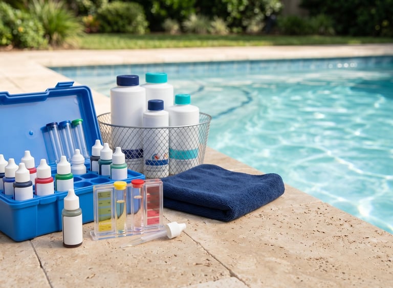 Pool water test kit and chemical supplies for weekly pool chemical balancing