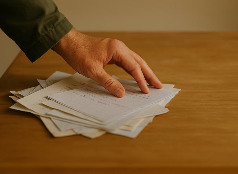 Papers pushed aside on a table, leaving an empty space symbolising clearing room for something new.