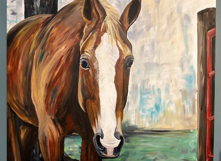Acrylic painting of a brown horse with a white blaze on its face standing by a fence.