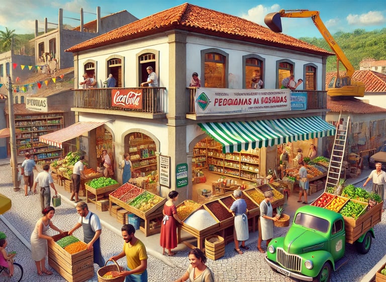 ilustração de uma mercearia expandindo e com melhorias sendo feitas.