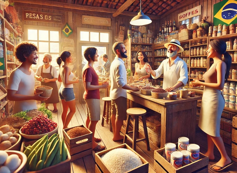 mercearia com muitos clientes contentes e itens diversos