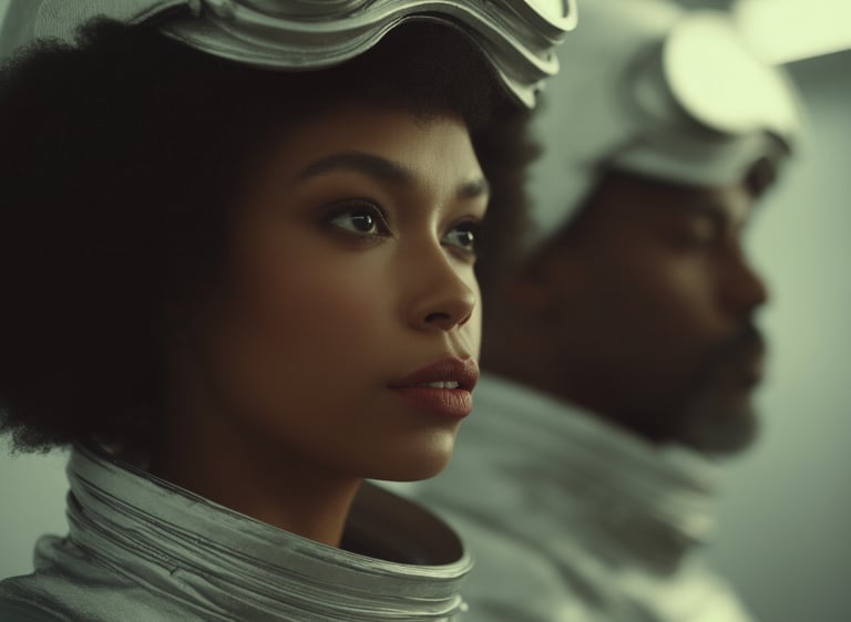 a black man and black woman in space suits and goggles