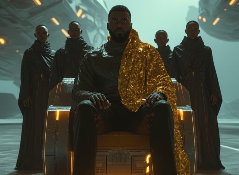 Afrofuturism image of a Black King surrounded by black women