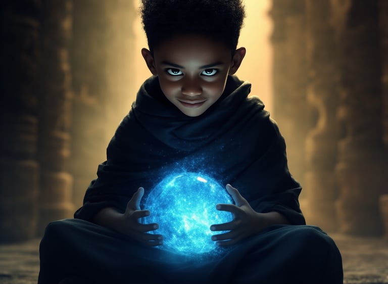 a young boy holding a glowing orb ball