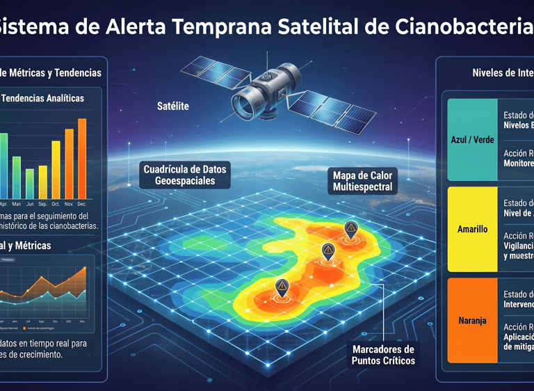 Infographic showing a satellite monitoring system for cyanobacteria with data charts and heat maps.