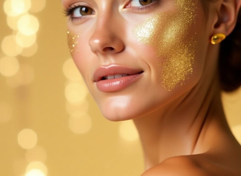 Mujer con mascarilla dorada representa tratamientos faciales de AR Clinic para una piel luminosa y s