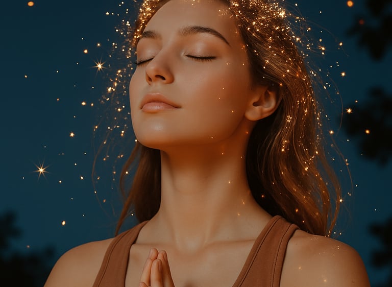 Mujer relajada meditando luz dorada representa bienestar, calma y equilibrio tratamientos wellness