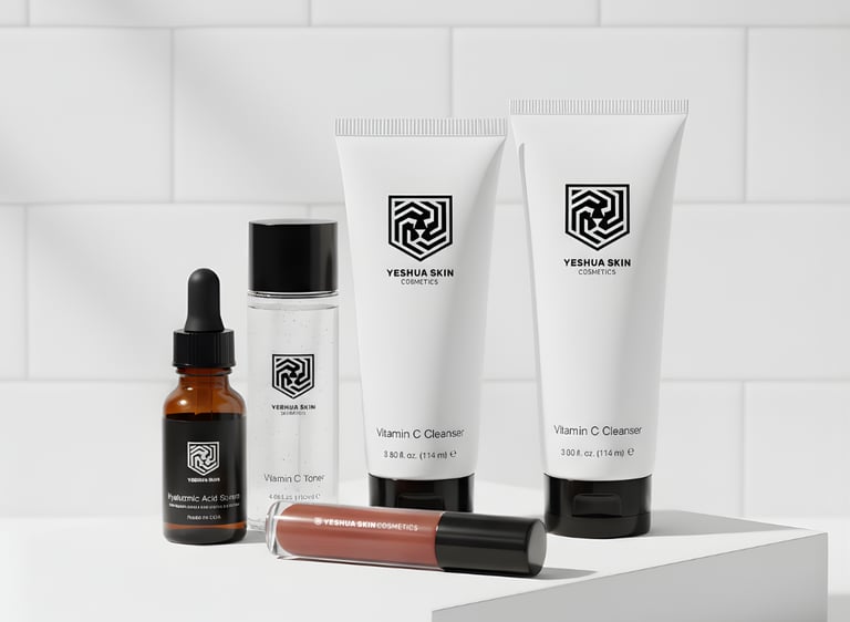 a white counter top with YESHUA Skin Cosmetics