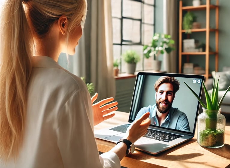 a woman sitting at a desk with a laptop computer screen