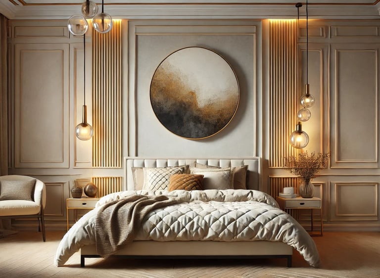 Quarto aconchegante com cama de casal, roupa de cama bege, luminárias laterais e obra de arte