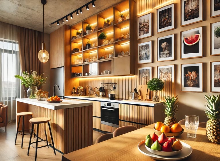 Cozinha moderna com armários de madeira, bancada branca e pequenas obras de arte vibrantes na parede