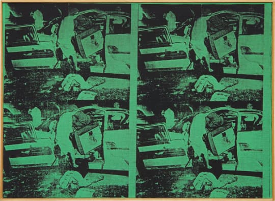 acidentes de carro com figuras caídas. Green Car Crash (Four Cars in Collision) (Andy Warhol, 1963).