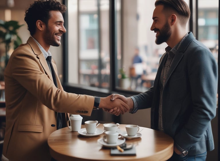 two men shaking hands in a cafe