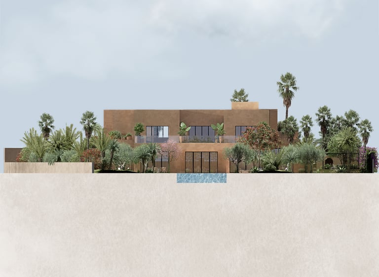 Modern luxury villa rendering with swimming pool, lush palm trees, and Mediterranean architecture.