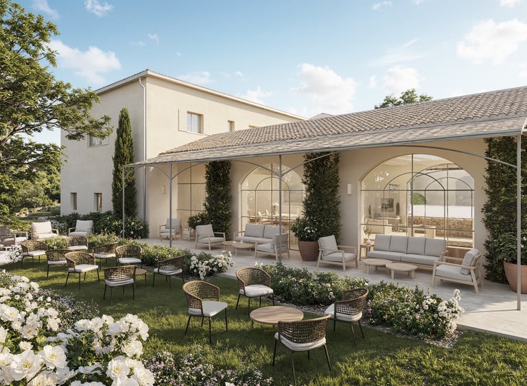 Luxury wine estate outdoor with elegant garden furniture and white flowers at a Mediterranean villa.