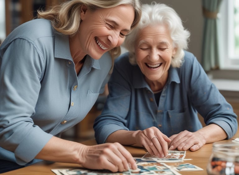 Mujeres divirtiéndose juntas haciendo un puzle