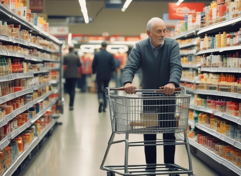 Hombre mayor haciendo la compra en el super mercado de forma autónoma.