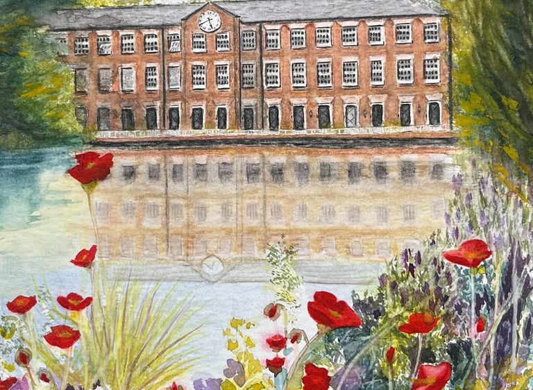Ink pen and watercolour of Mill and pond
